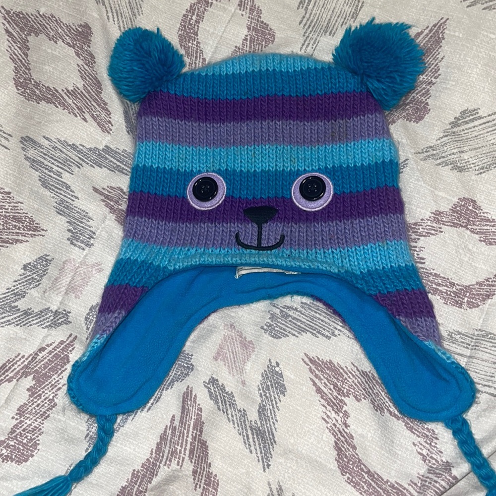 Children Place Girls Winter Bear Trapper Beanie Hat Button Face Purple Blue 4-7